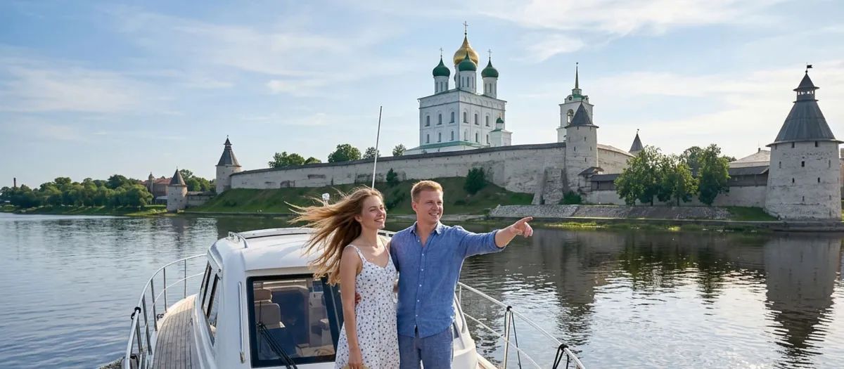 Пара на катере на реке Великой на фоне Псковского Крома